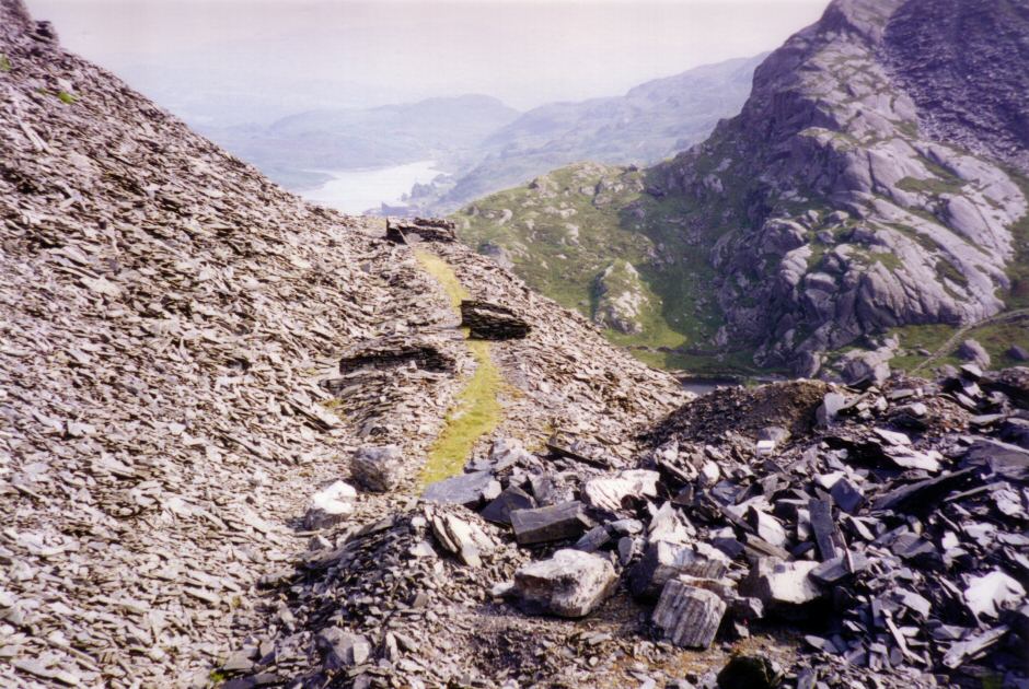 * [Pic 33] Cwmorthin Quarry - Two eras of waste tips (1995) *
